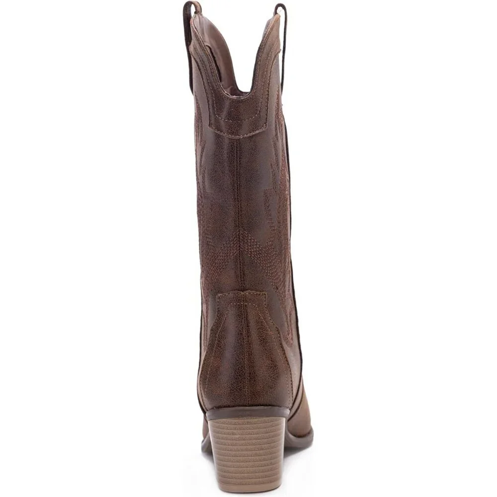 Women's Vintage Brown Pointed Toe Western Boots Embroidered Mid-calf Block Heel - Picture 7 of 7